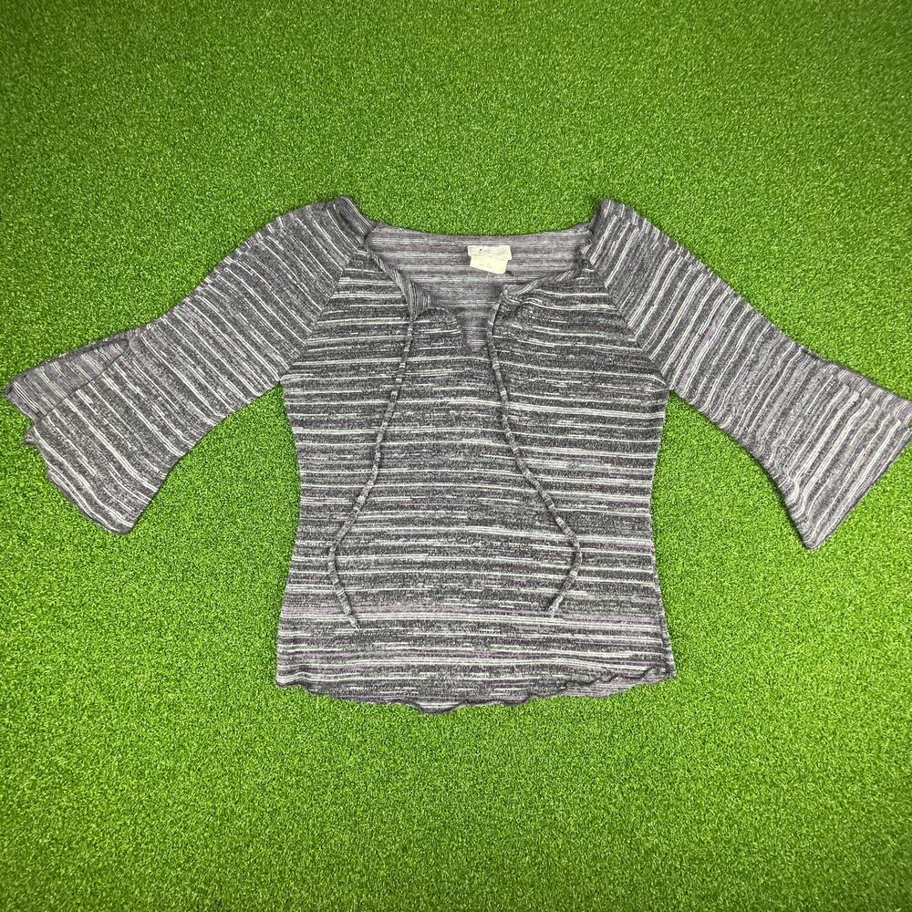 Vintage Y2K 2000s Iz Byer Gray Tie Front 1/2 Sleeve Gray Striped Top Sz XL